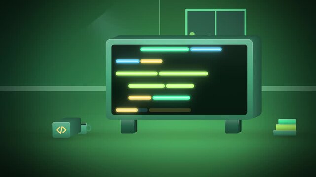 Neon sign with glowing code lines AI coding angled view looping motion
