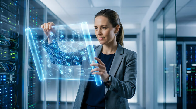 Professional woman examining glowing holographic data network interface in server room
