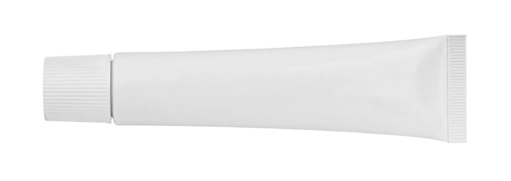 Plain white plastic tube with a ribbed cap, designed for cosmetics or medical creams, isolated on a clean white background