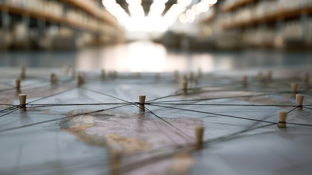 A map with pins and strings showing global shipping routes in a warehouse setting with blurred background