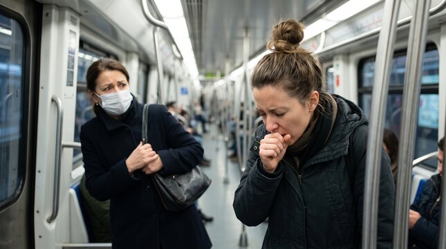 Woman Coughing on Subway Beside Concerned Passenger Wearing Face Mask, Public Health Concept