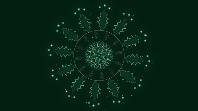 Glowing holly leaf mandala, dark background, counter-rotating rings, festive animation