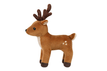 Adorable brown plush reindeer toy with soft antlers and white spots, standing facing left on a clean white background © Chinases