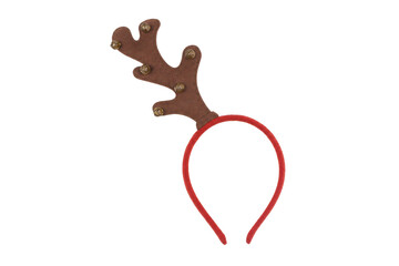 Festive brown reindeer antler headband with small golden bells on a red band, isolated on a clean white background © Chinases