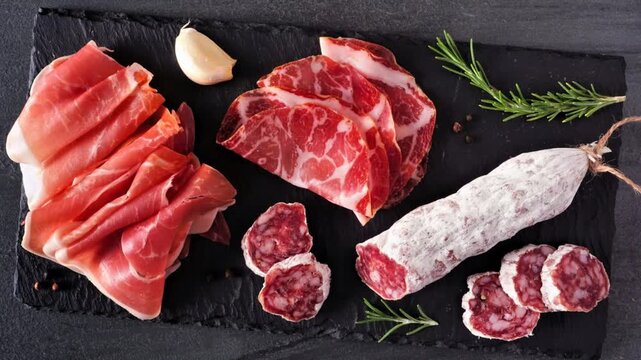 Meat appetizer platter with sausage, and Italian cold cuts. Slow rotating zoom motion. Above view on a slate serving board.