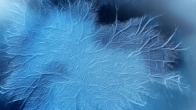 Frosted ice surface with branching crystalline patterns in cool blue light