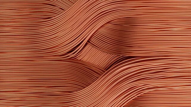 Coppercolored metal strands form layered intersecting waves in an abstract pattern
