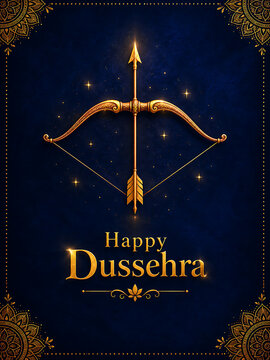 Glowing golden bow and arrow floating gracefully over dark blue background surrounded by magical golden dust welcoming durga puja and happy dussehra