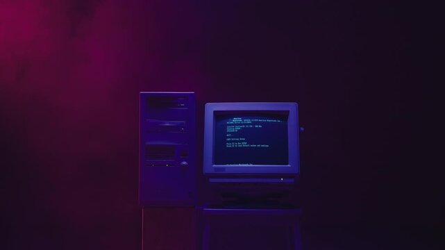 Retro computer with code on screen, vintage desktop pc with crt monitor showing programming text, old 90s computer in dark room, coding and ai concept