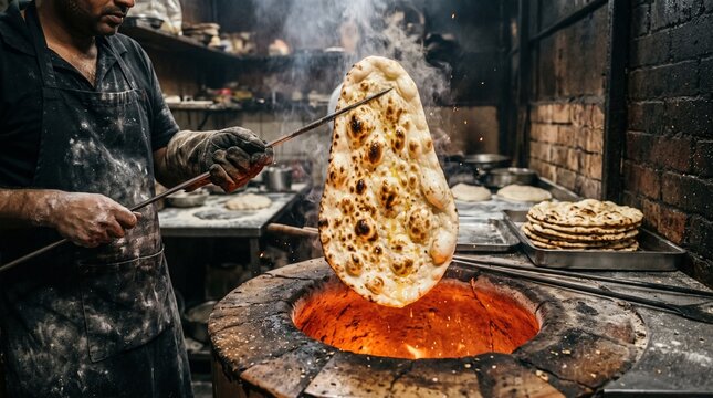 Baker pulling fresh naan bread out of a traditional tandoor oven with glowing hot coals in a restaurant kitchen.