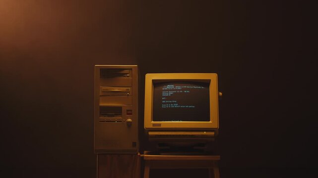 Retro computer with code on screen, vintage desktop pc with crt monitor showing programming text, old 90s computer in dark room, coding and ai concept