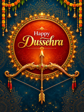 Ornate golden bow and arrow pointing upwards against beautiful blue background celebrating happy dussehra festival during traditional durga puja with marigold garlands