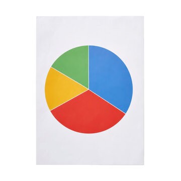 Colorful pie chart with four distinct segments in blue, green, yellow, and red, displayed on a white sheet of paper