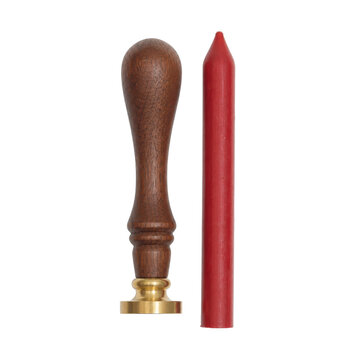 Elegant vintage wooden handle wax seal stamp with a shiny brass head stands beside a solid red sealing wax stick on a white background
