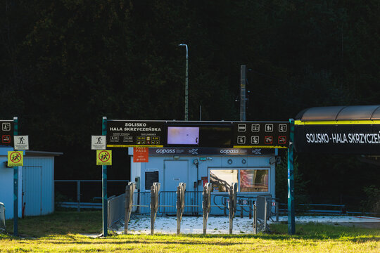 Szczyrk, Poland - September 27, 2026. Solisko Wierch Posredni ski lift station at Szczyrk Mountain Resort with empty turnstiles