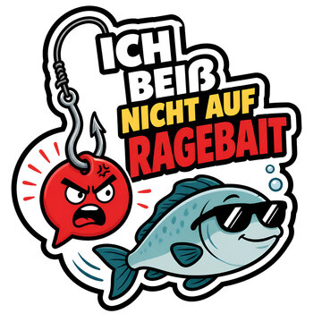 Cartoon fishing hook with angry red speech bubble as bait and calm fish with sunglasses swimming past ignoring it generative AI