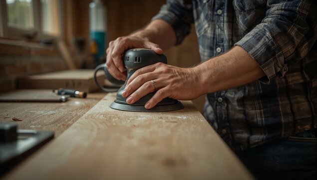 A person sanding a wooden surface, possibly for a DIY project or woodworking task