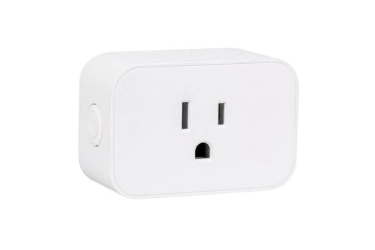 White rectangular smart plug with a three-prong outlet and a circular button on the side, isolated on a clean white background