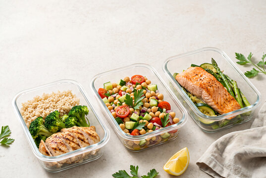 Healthy meal prep containers with grilled chicken salmon and chickpea