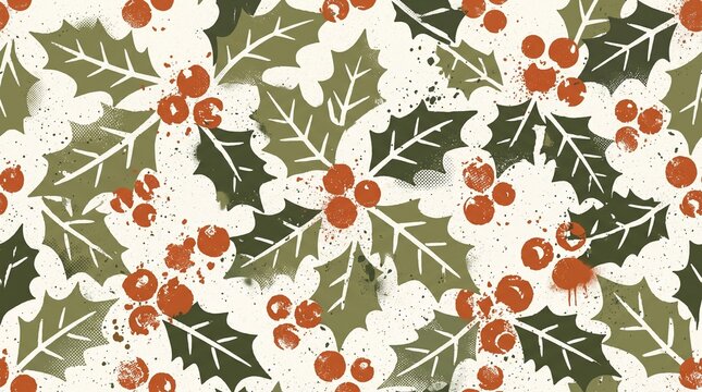 Edgy winter holiday seamless pattern with halftone holly berries and foliage in grunge style