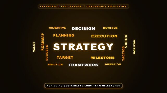Strategic business framework words glowing on dark background representing corporate planning and leadership execution