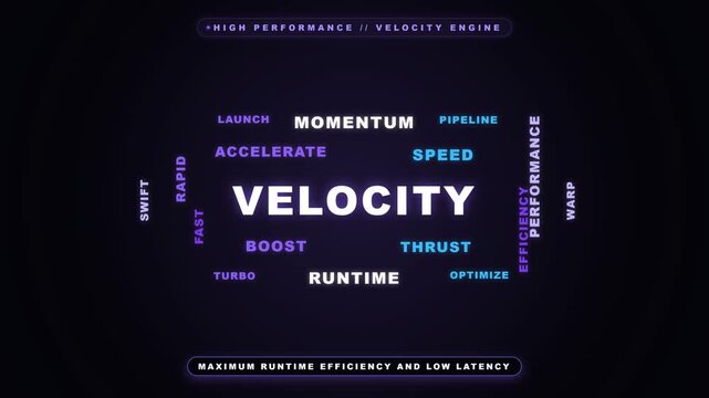 Velocity graphic title featuring glowing white text surrounded by blue speed and performance keywords against dark background