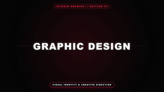 Graphic design text glowing brightly with modern typography in dark studio archive interface motion background