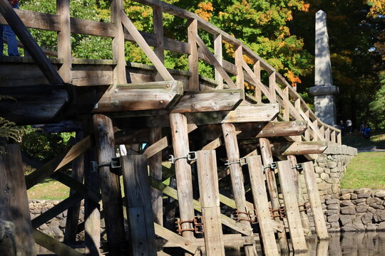 Architectural Detail of the Wooden Understructure of the Old North Bridge with Battle Monument in Concord, Massachusetts