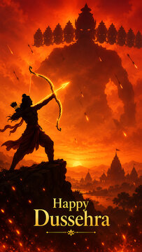 Heroic lord rama shooting arrow at giant ten headed demon king ravana during intense fiery sunset celebrating happy dussehra and durga puja