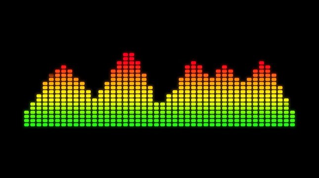 Colorful digital audio equalizer display showing frequency volume bars on black background for music production and sound engineering