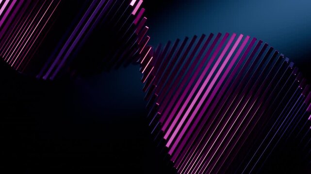 Abstract 3D wave of pink and purple metal plates twisting in a seamless loop on dark background
