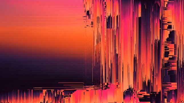 Abstract digital glitch art background with vertical pixel sorting streaks and vibrant neon sunset colors featuring copy space