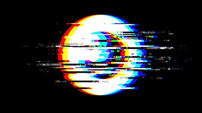 Digital glitch art circle symbol with chromatic aberration and pixel noise distortion on black background for cyber graphic design