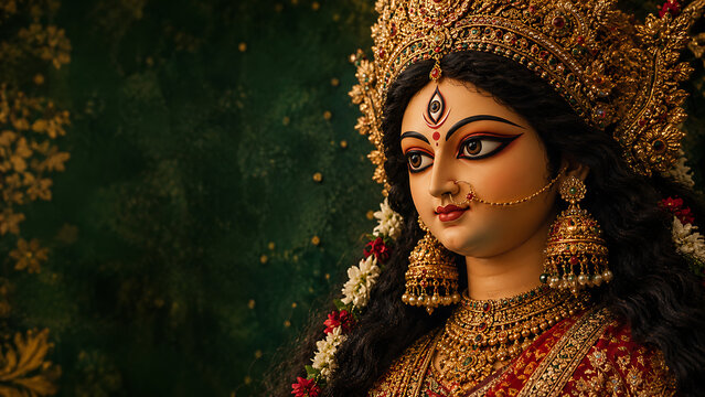 Stunning traditional navratri goddess portrait wearing heavy golden ornaments against dark green textured background honoring the wonderful festive season of durga puja