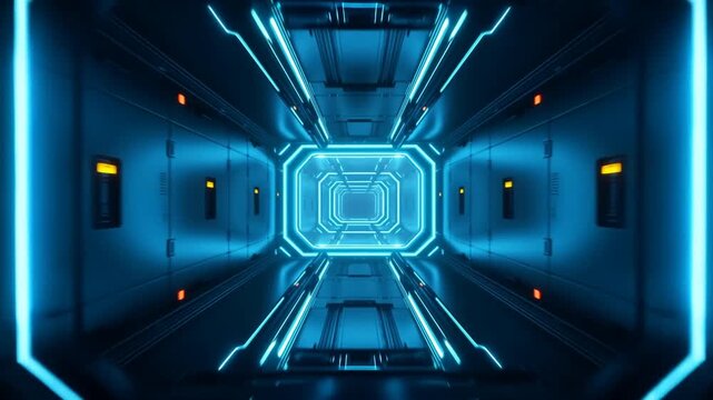 Futuristic corridor extends into darkness with dim blue and amber lights