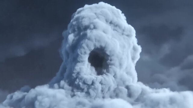Volcanic ash plume rises above clouds as lightning flashes through a dark storm sky