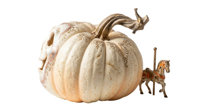Creative carved pumpkin with ghost face and vintage carousel horse decoration for Halloween display