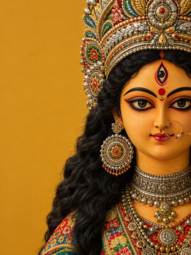 Partial facial view of beautiful traditional mythological hindu navratri goddess decorated with ethnic ornaments over pure yellow background during sacred durga puja