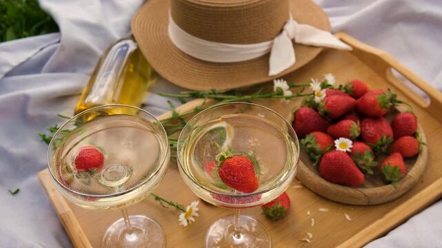 Picnic with strawberries and wine. Selective focus.