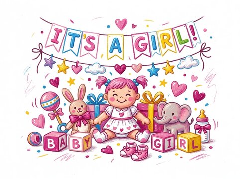 It's a Girl. Birth Announcement & Baby Shower Card. For baby shower invitations, newborn announcement cards, welcome baby greeting cards, nursery wall art, baby birthday decorations, children room
