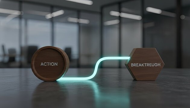 Strategic progression from action to breakthrough is illustrated by wooden blocks connected by a bright glowing light bridge.