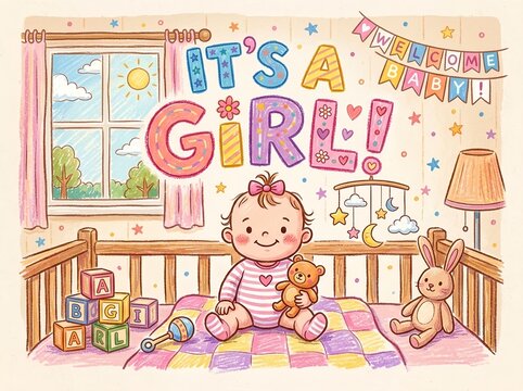 It's a Girl. Birth Announcement & Baby Shower Card. For baby shower invitations, newborn announcement cards, welcome baby greeting cards, nursery wall art, baby birthday decorations, children room