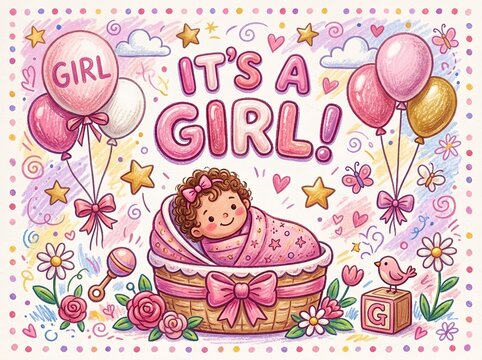 It's a Girl. Birth Announcement & Baby Shower Card. For baby shower invitations, newborn announcement cards, welcome baby greeting cards, nursery wall art, baby birthday decorations, children room