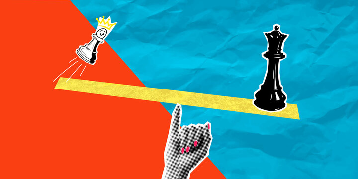 A surreal business collage: a woman hand controls a seesaw as a playful chess pawn flies up against a corporate queen. Metaphor for female leadership, startup growth and exponential success.

