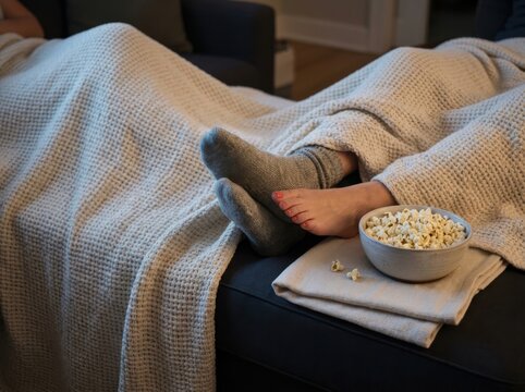 Movie night popcorn and cozy blanket on a sofa with relaxed feet