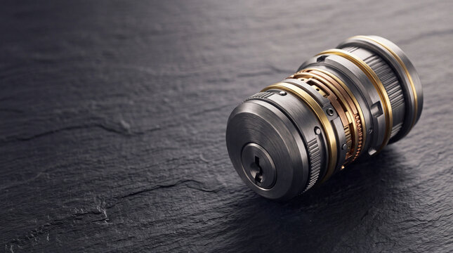 Metallic key cylinder lock on dark textured surface with open copy space. Cybersecurity and data protection concept. Digital security, access control and encryption.