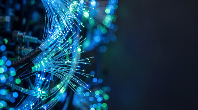 Fiber optic cables transmitting data in a network infrastructure close-up. Cybersecurity and artificial intelligence technology background. Digital communication and data center connectivity