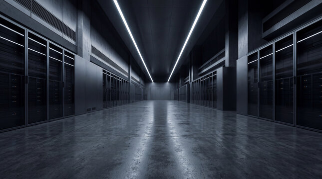 Empty data center server room with rows of equipment racks. Artificial intelligence and cybersecurity infrastructure. Cloud computing, data storage and network security.
