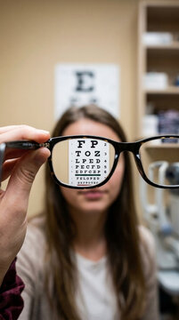 Close up of eyeglasses held in front of an eye chart with a young woman blurred in the background during an eye exam