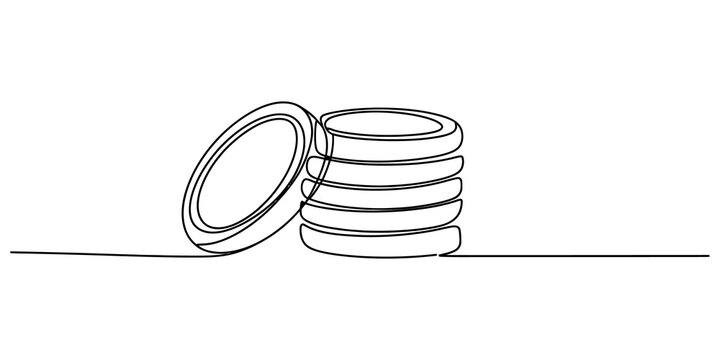 Continuous single line drawing of a stack of metal coins representing savings and financial growth in a minimalist artistic style for business design isolated on transparent background